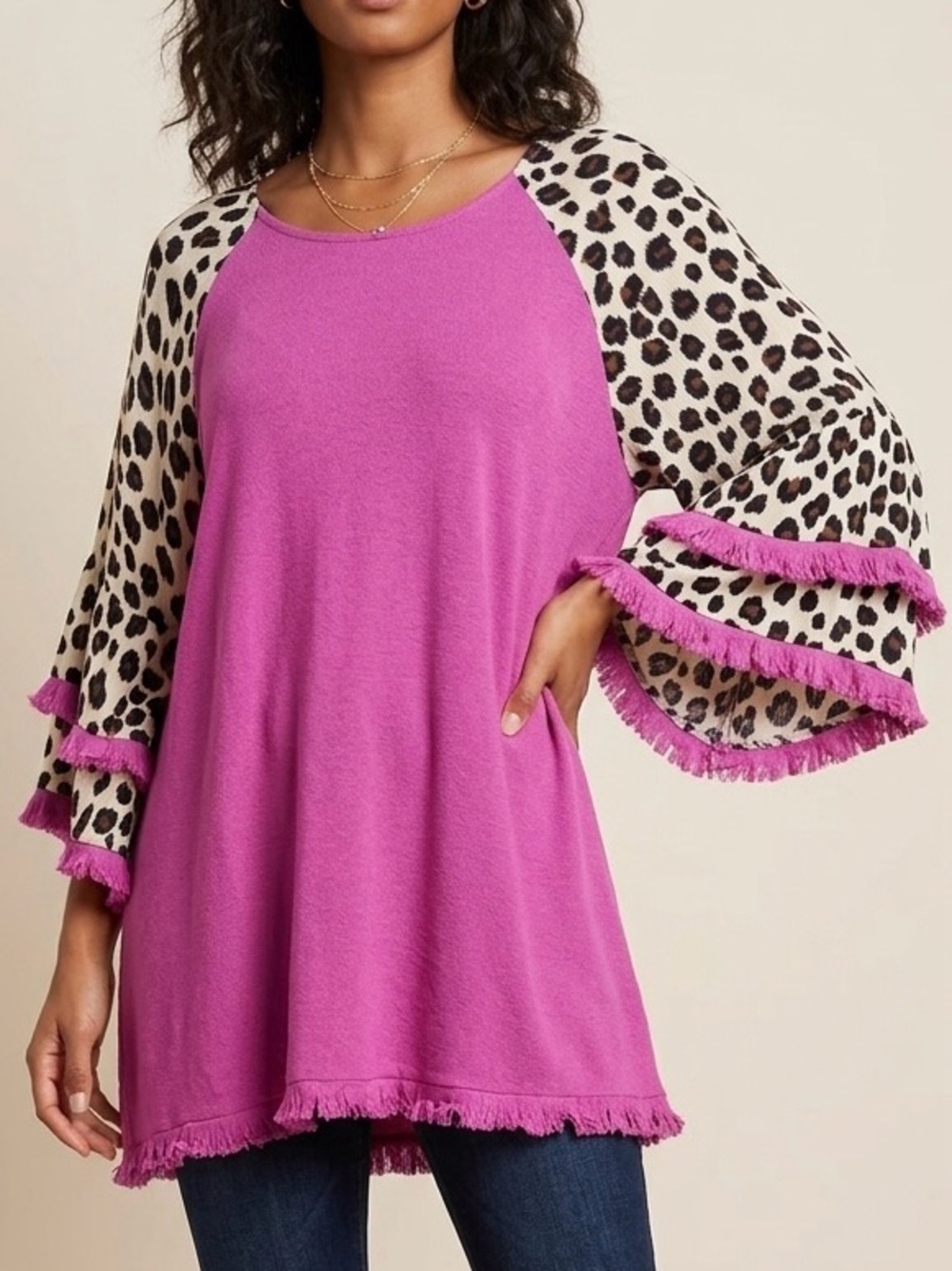 Umgee Magenta Tunic with Leopard-Print Ruffle Sleeves